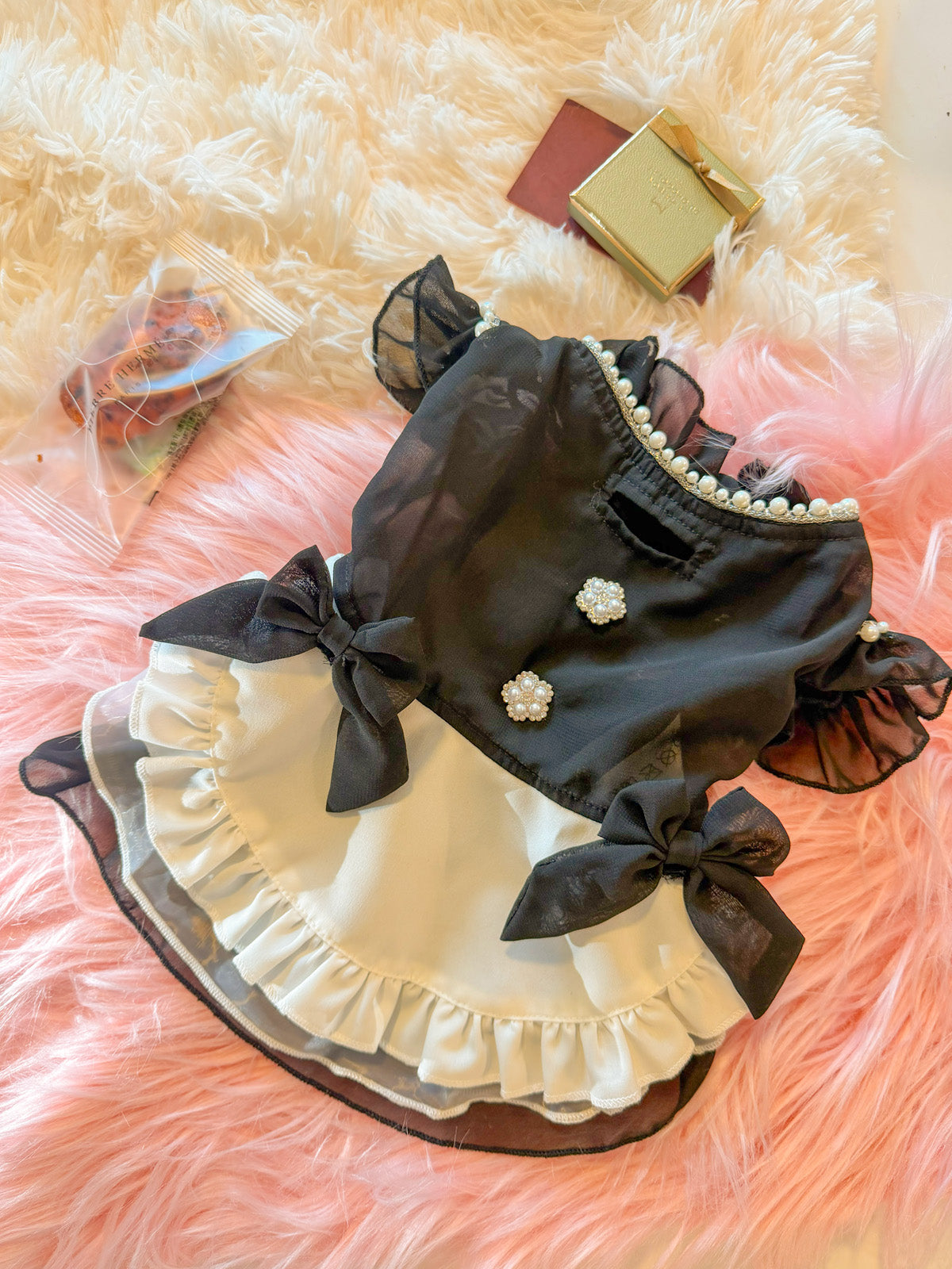 NVZ001A　プリンセス　犬　ドレス　薄手の春夏用メイド服を着た小型犬、フリルとリボンのディテール