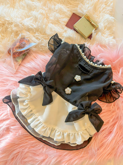 NVZ001A　プリンセス　犬　ドレス　薄手の春夏用メイド服を着た小型犬、フリルとリボンのディテール
