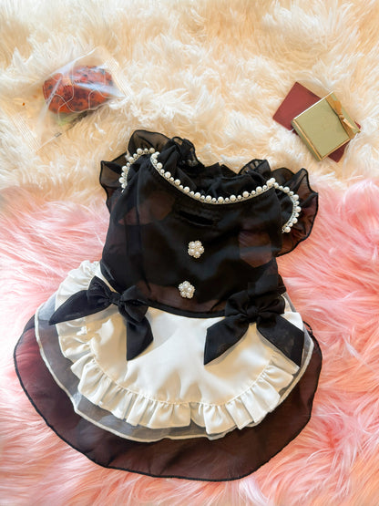 NVZ001A　プリンセス　犬　ドレス　薄手の春夏用メイド服を着た小型犬、フリルとリボンのディテール　コスプレ
