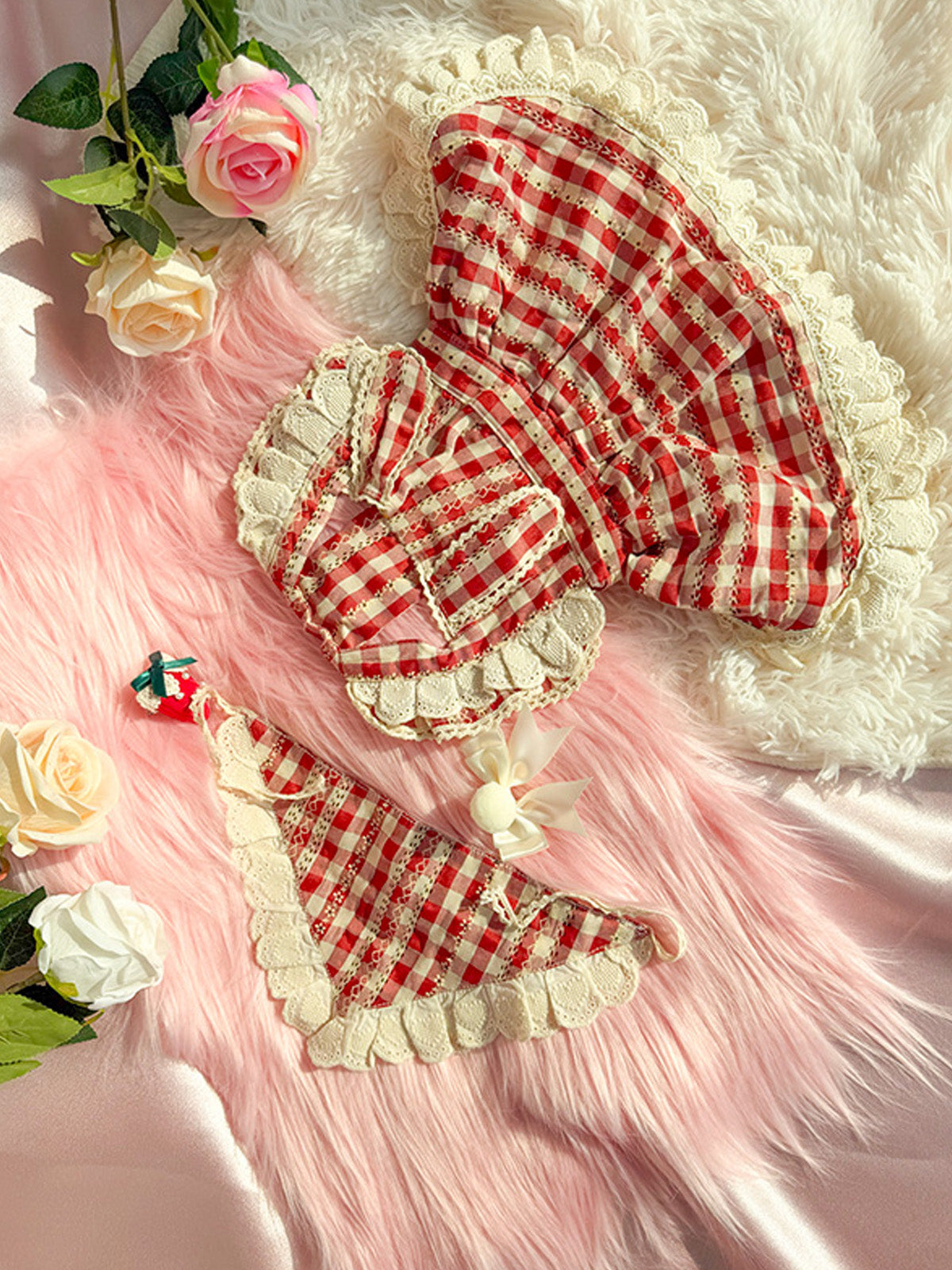 Strawberry Picking Outfit for Dogs, Berry Berry Rabbit (MMT001), Checkered Pattern, Spring Outfit for Small and Medium Dogs