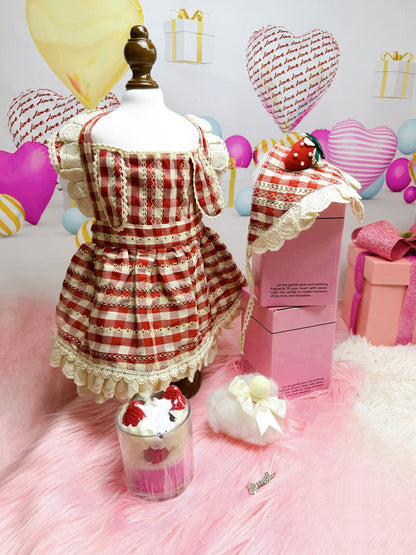 Strawberry Picking Outfit for Dogs, Berry Berry Rabbit (MMT001), Checkered Pattern, Spring Outfit for Small and Medium Dogs